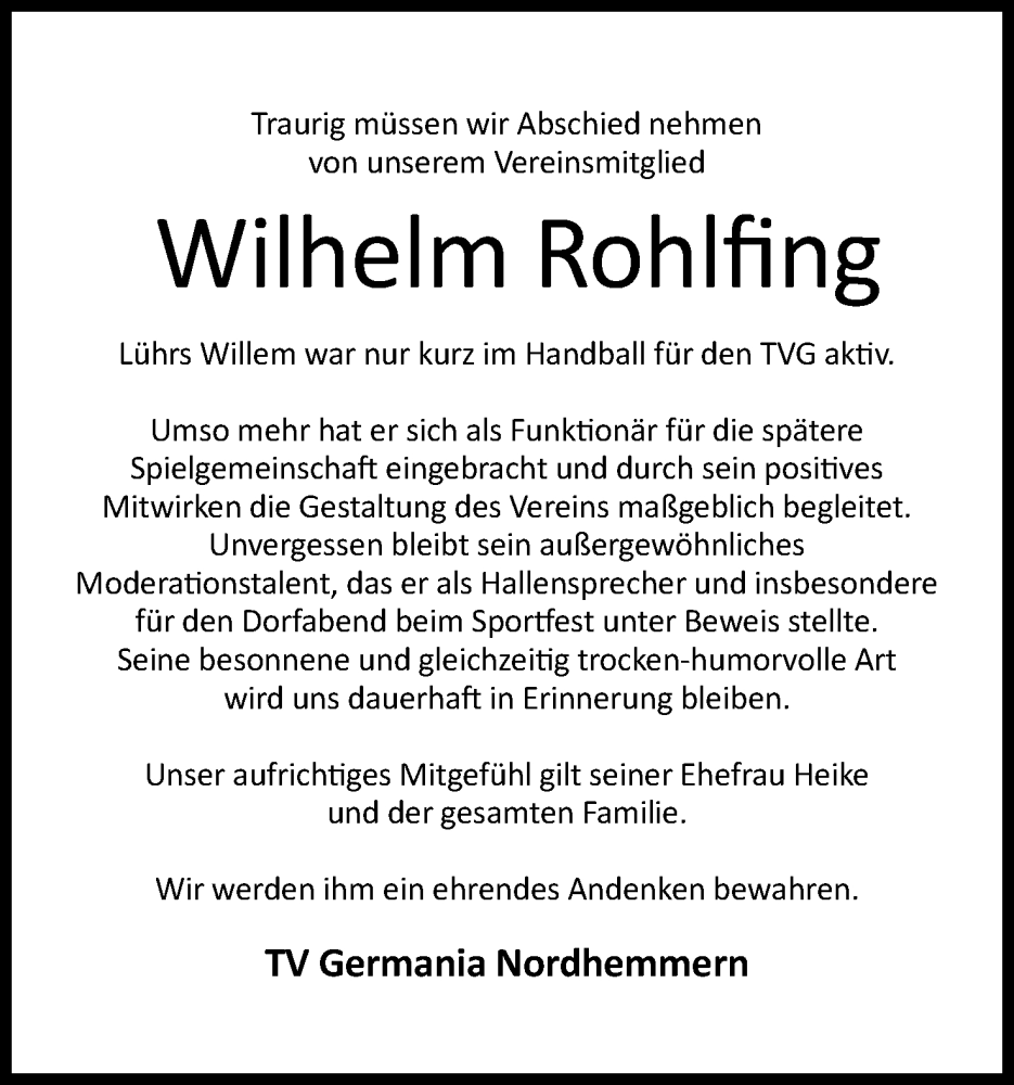  Traueranzeige für Wilhelm Rohlfing vom 23.03.2024 aus 4401
