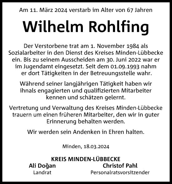Anzeige von Wilhelm Rohlfing von 4401