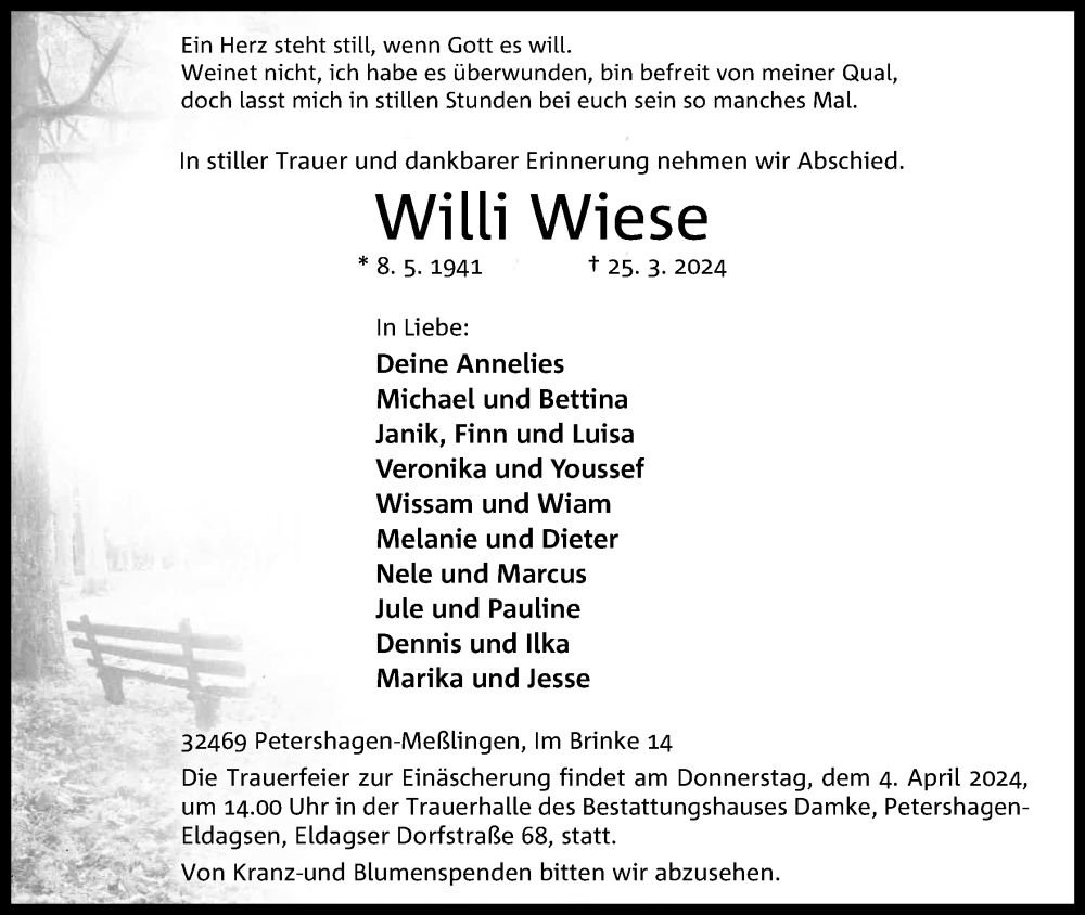 Traueranzeige für Willi Wiese vom 29.03.2024 aus 4401