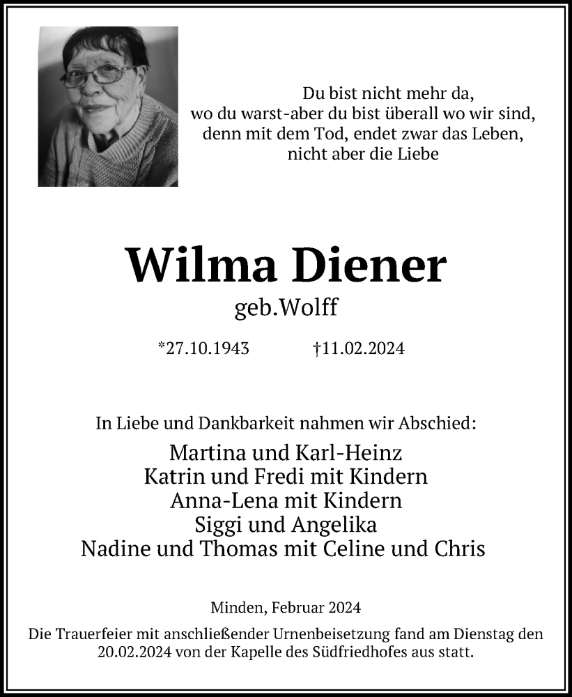  Traueranzeige für Wilma Diener vom 02.03.2024 aus 4401