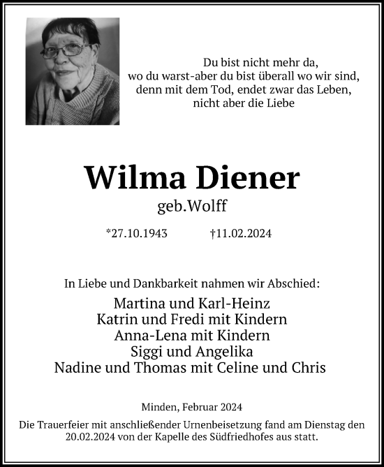 Anzeige von Wilma Diener von Mindener Tageblatt