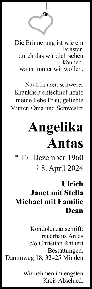  Traueranzeige für Angelika Antas vom 13.04.2024 aus 4401