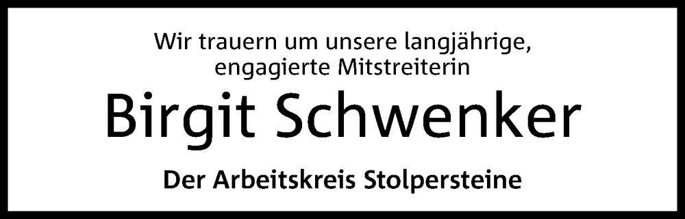  Traueranzeige für Birgit Schwenker vom 20.04.2024 aus 4401