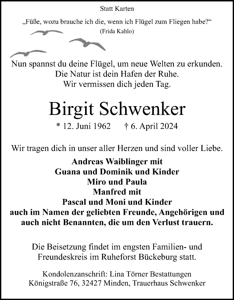  Traueranzeige für Birgit Schwenker vom 20.04.2024 aus 4401