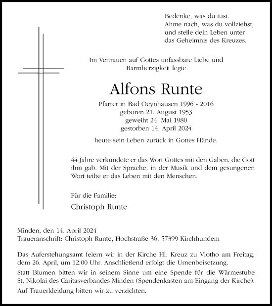 Anzeige von Alfons Runte 