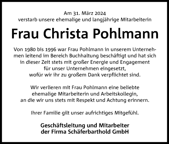 Anzeige von Christa Pohlmann von 4401