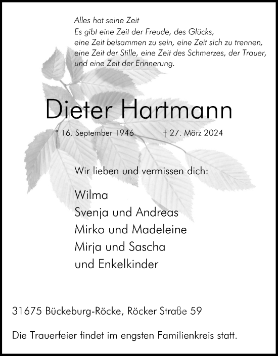 Anzeige von Dieter Hartmann von 4401