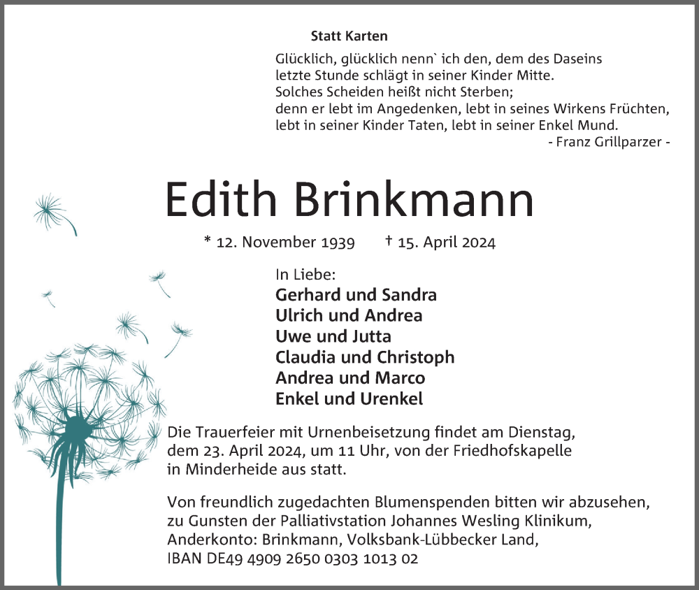  Traueranzeige für Edith Brinkmann vom 20.04.2024 aus 4401