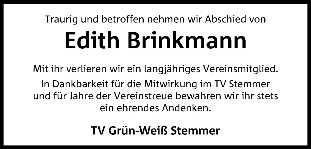  Traueranzeige für Edith Brinkmann vom 20.04.2024 aus 4401