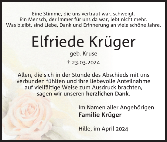 Anzeige von Elfriede Krüger von 4401