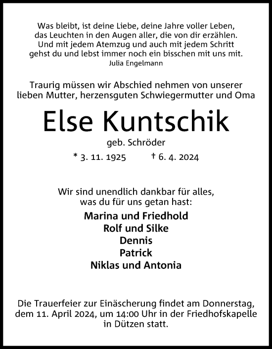 Anzeige von Else Kuntschik von 4401