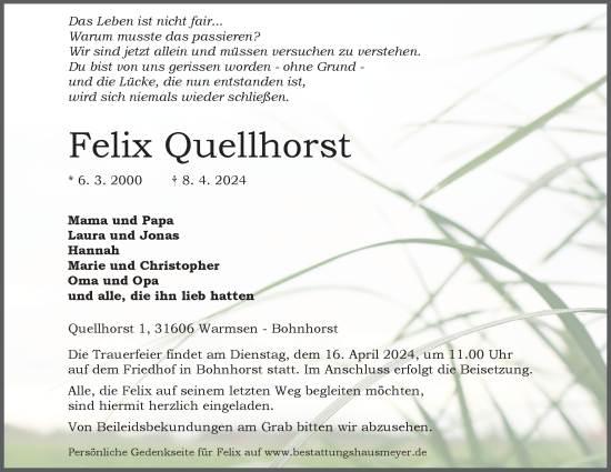 Anzeige von Felix Quellhorst von 4401
