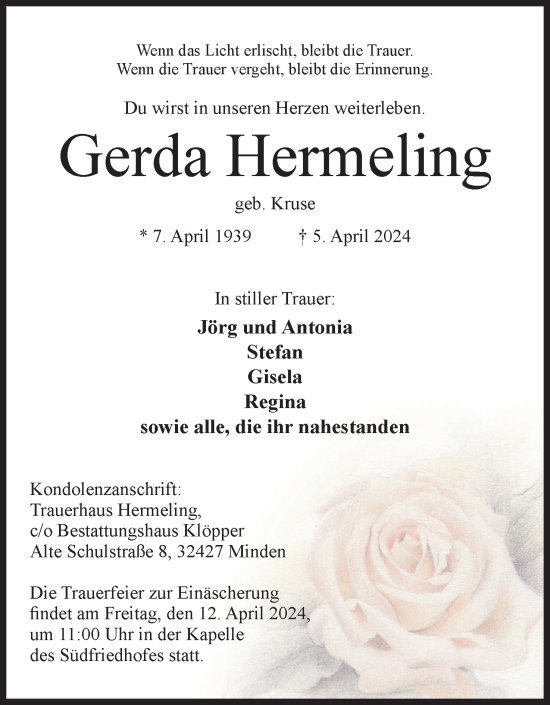 Anzeige von Gerda Hermeling von 4401