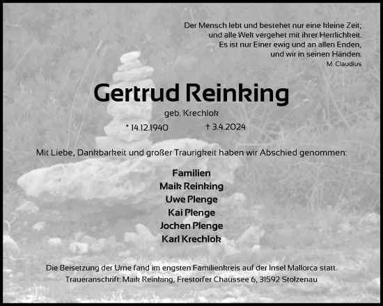 Anzeige von Gertrud Reinking von 4401