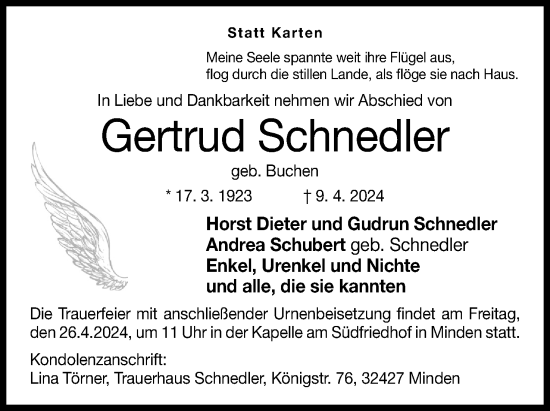 Anzeige von Gertrud Schnedler von 4401