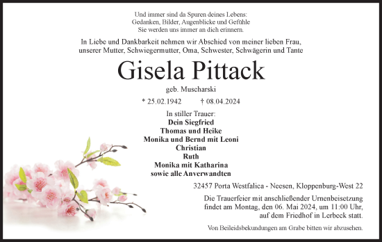 Anzeige von Gisela Pittack von 4401