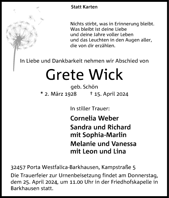 Anzeige von Grete Wick von 4401