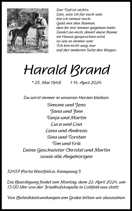 Anzeige von Harald Brand von 4401