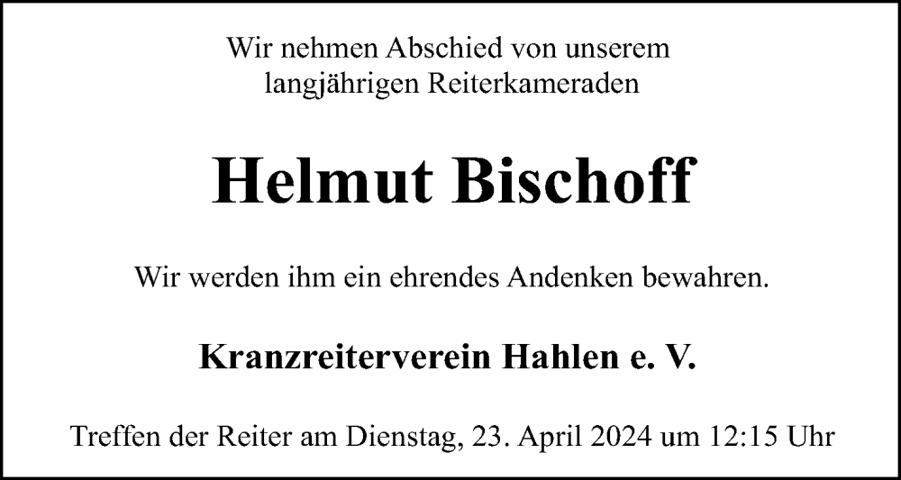  Traueranzeige für Helmut Bischoff vom 20.04.2024 aus 4401