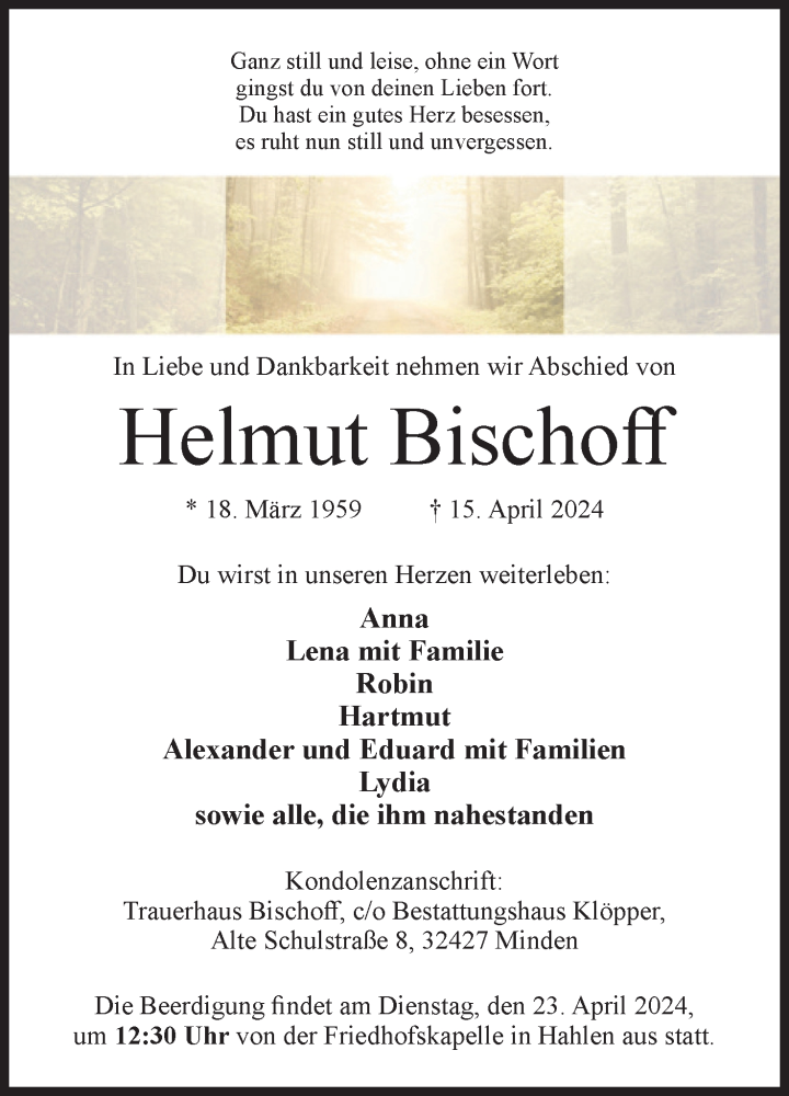  Traueranzeige für Helmut Bischoff vom 20.04.2024 aus 4401