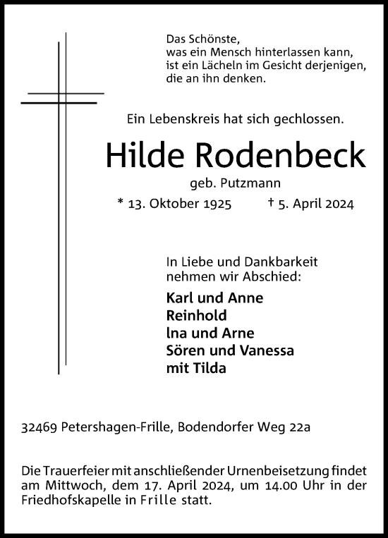 Anzeige von Hilde Rodenbeck von 4401