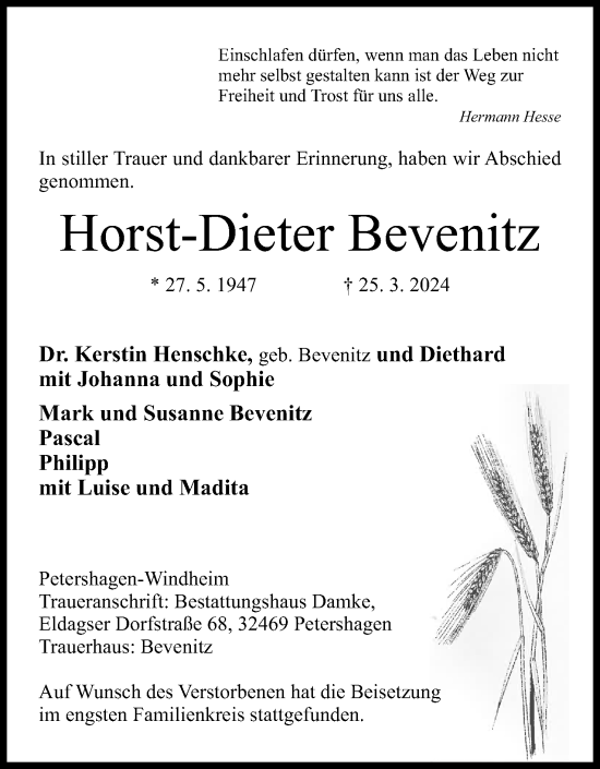 Anzeige von Horst-Dieter Bevenitz von 4401