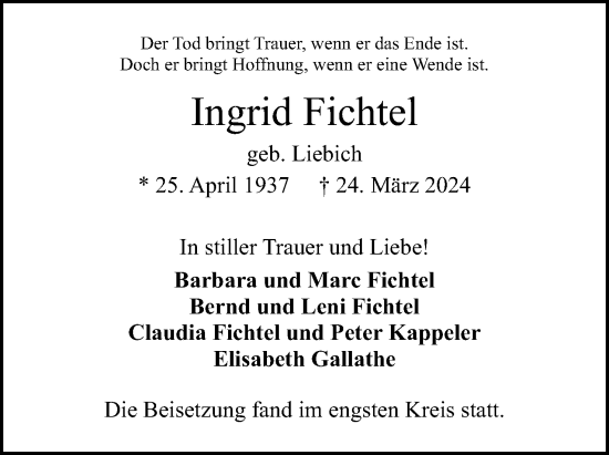 Anzeige von Ingrid Fichtel von 4401