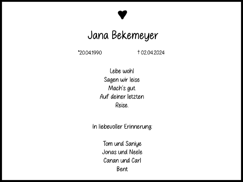  Traueranzeige für Jana Bekemeyer vom 13.04.2024 aus 4401