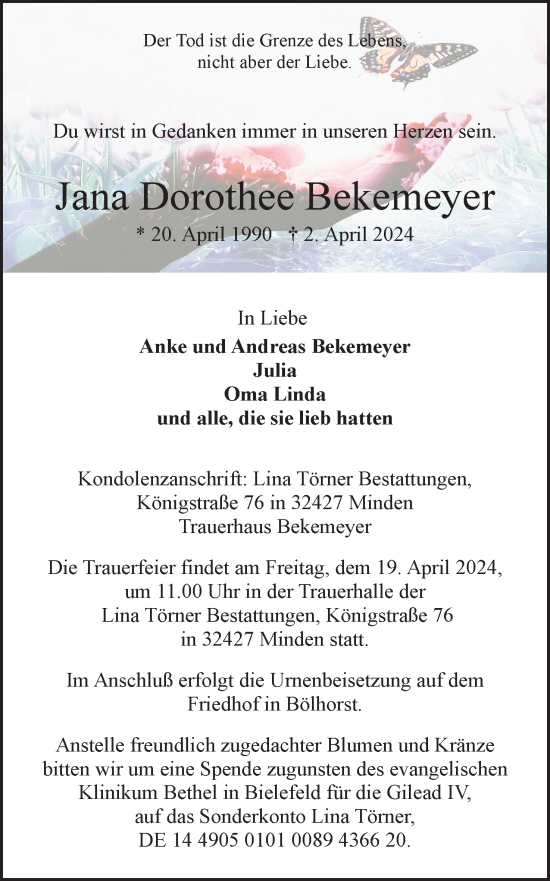 Anzeige von Jana Dorothee Bekemeyer von 4401