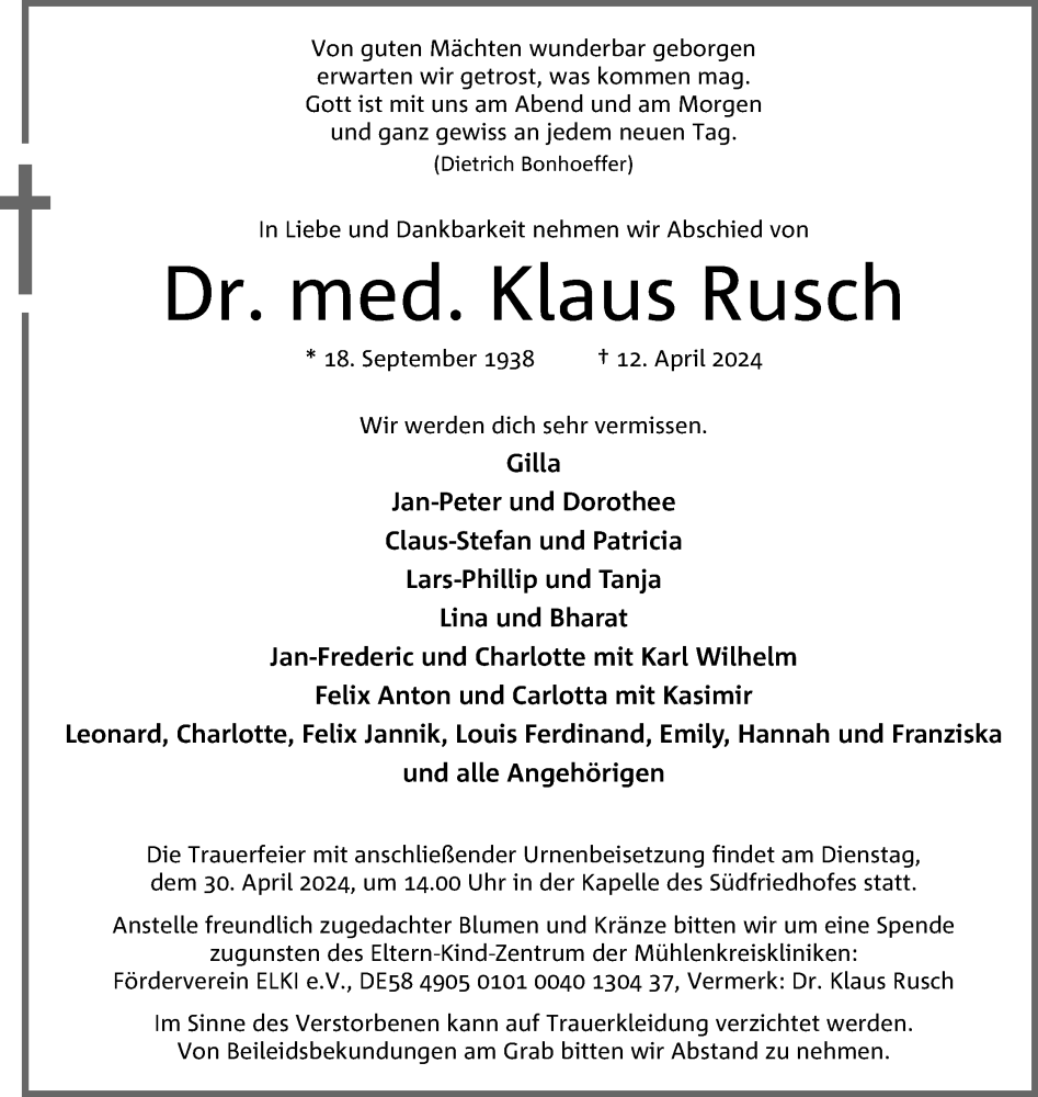  Traueranzeige für Klaus Rusch vom 20.04.2024 aus 4401