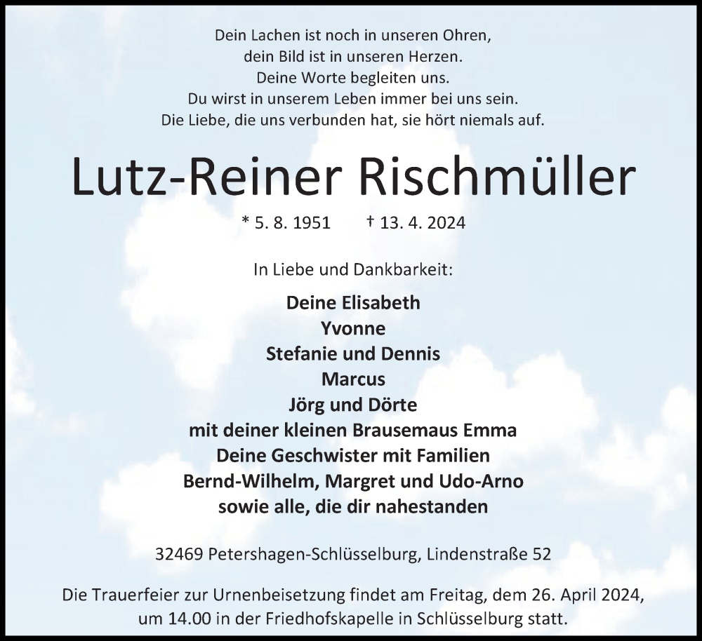  Traueranzeige für Lutz-Reiner Rischmüller vom 20.04.2024 aus 4401