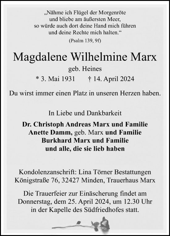 Anzeige von Magdalene Wilhelmine Marx von 4401