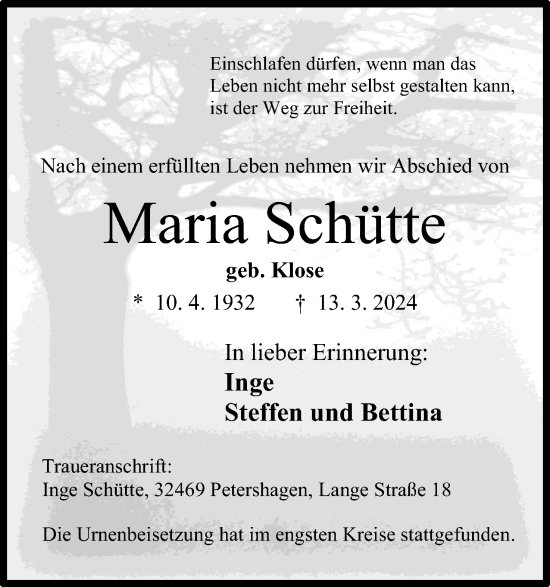 Anzeige von Maria Schütte von 4401