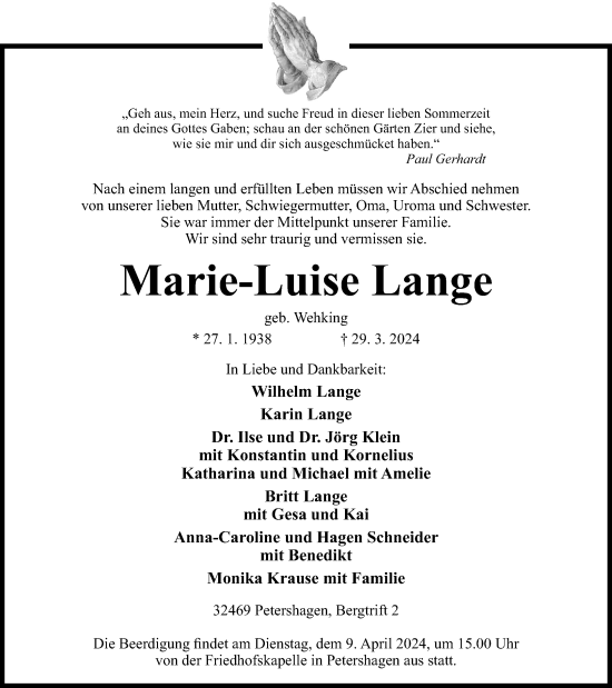 Anzeige von Marie-Luise Lange von 4401
