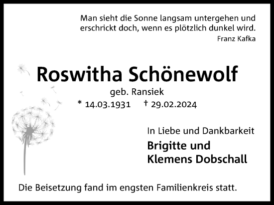 Anzeige von Roswitha Schönewolf von 4401
