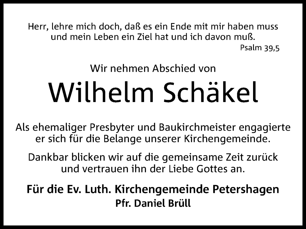  Traueranzeige für Wilhelm Schäkel vom 27.04.2024 aus 4401