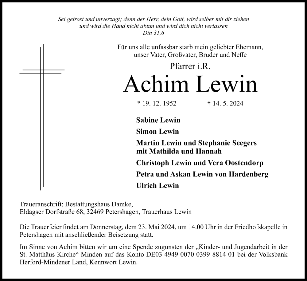  Traueranzeige für Achim Lewin vom 18.05.2024 aus 4401