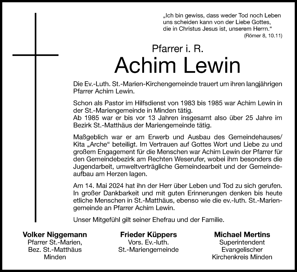  Traueranzeige für Achim Lewin vom 18.05.2024 aus 4401