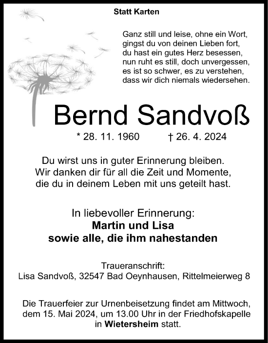 Anzeige von Bernd Sandvoß von 4401