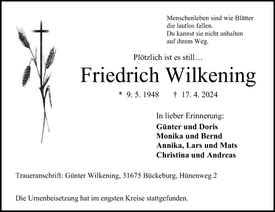 Anzeige von Friedrich Wilkening von 4401