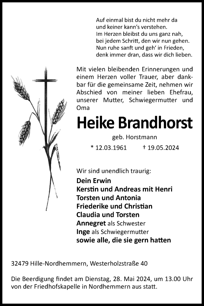  Traueranzeige für Heike Brandhorst vom 25.05.2024 aus 4401