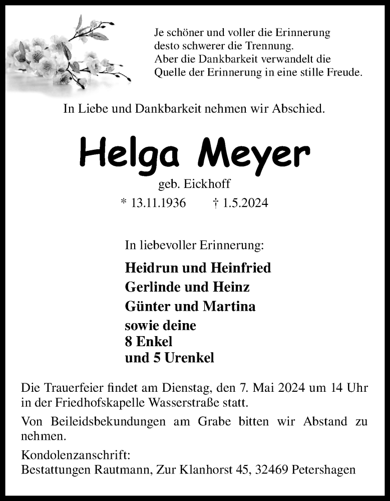  Traueranzeige für Helga Meyer vom 04.05.2024 aus 4401