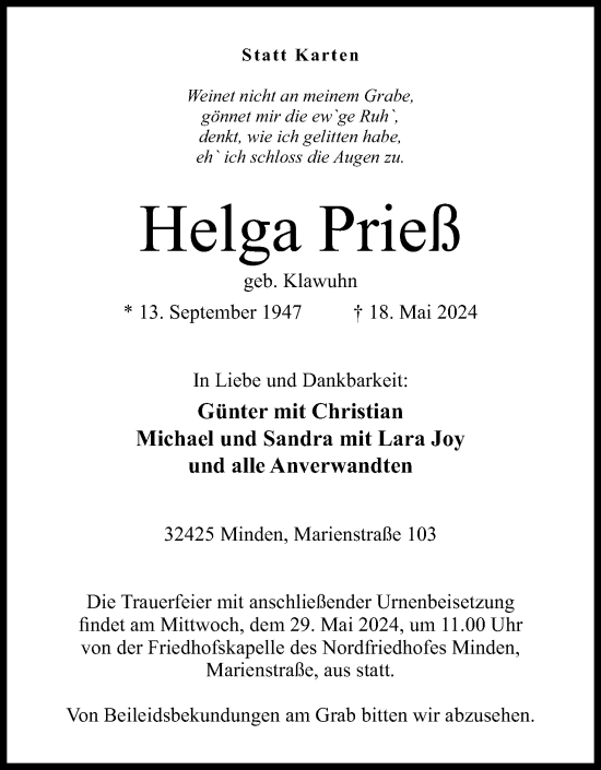 Anzeige von Helga Prieß von 4401