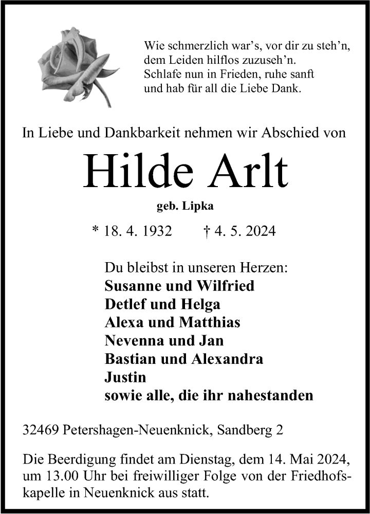  Traueranzeige für Hilde Arlt vom 09.05.2024 aus 4401
