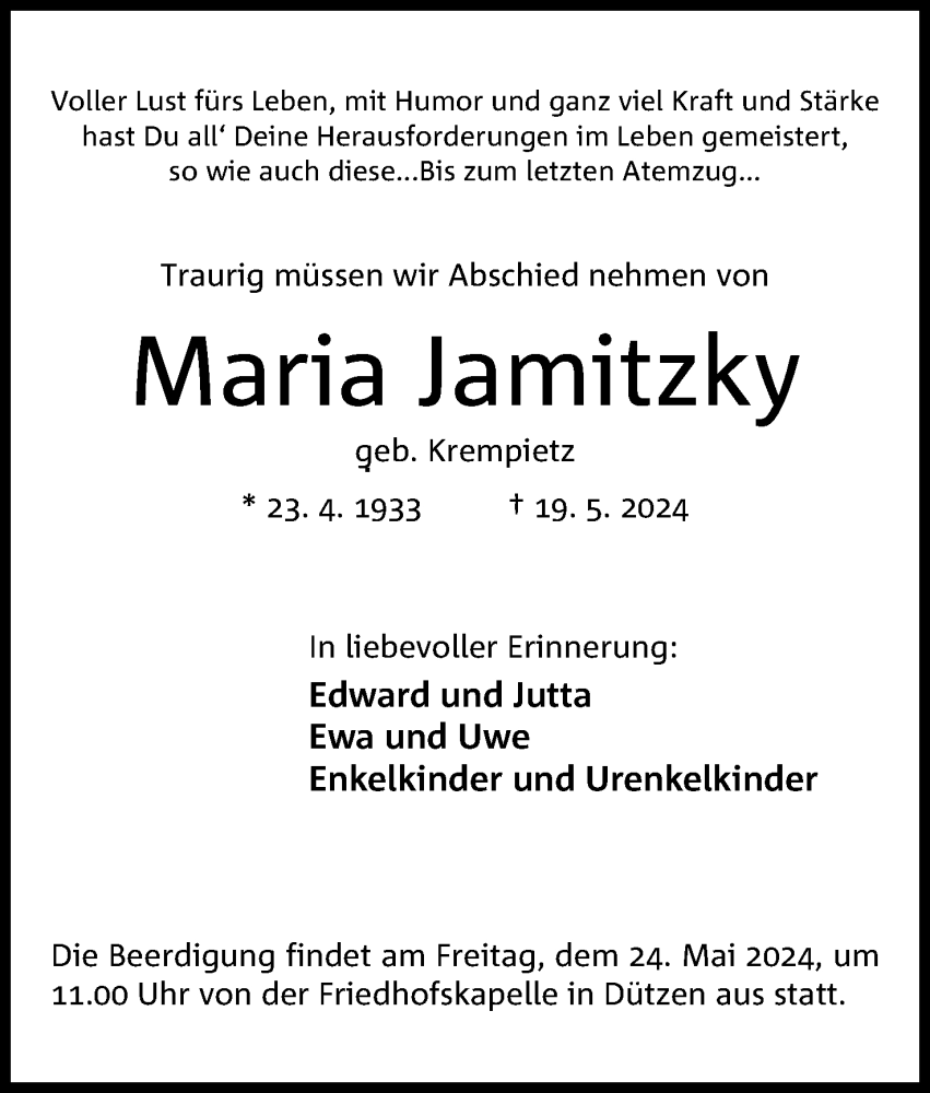  Traueranzeige für Maria Jamitzky vom 22.05.2024 aus 4401