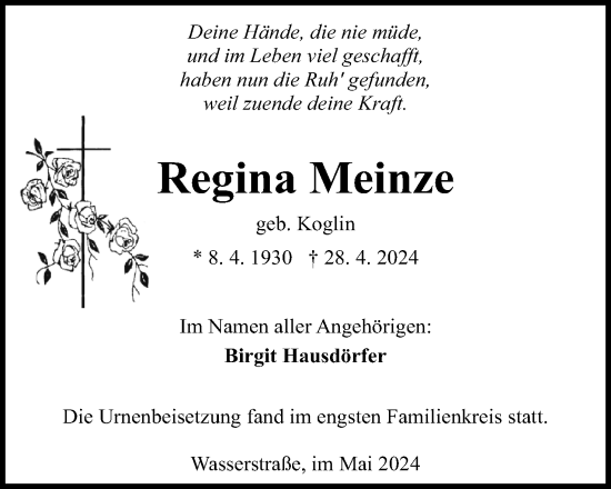 Anzeige von Regina Meinze von 4401