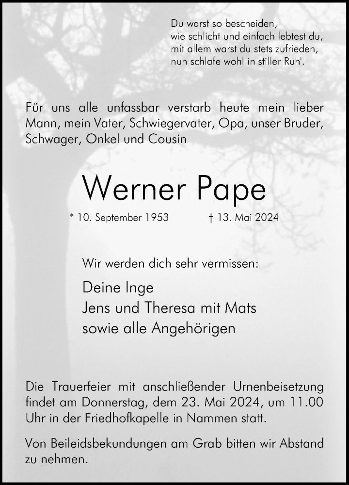 Traueranzeige für Werner Pape vom 18.05.2024 aus 4401
