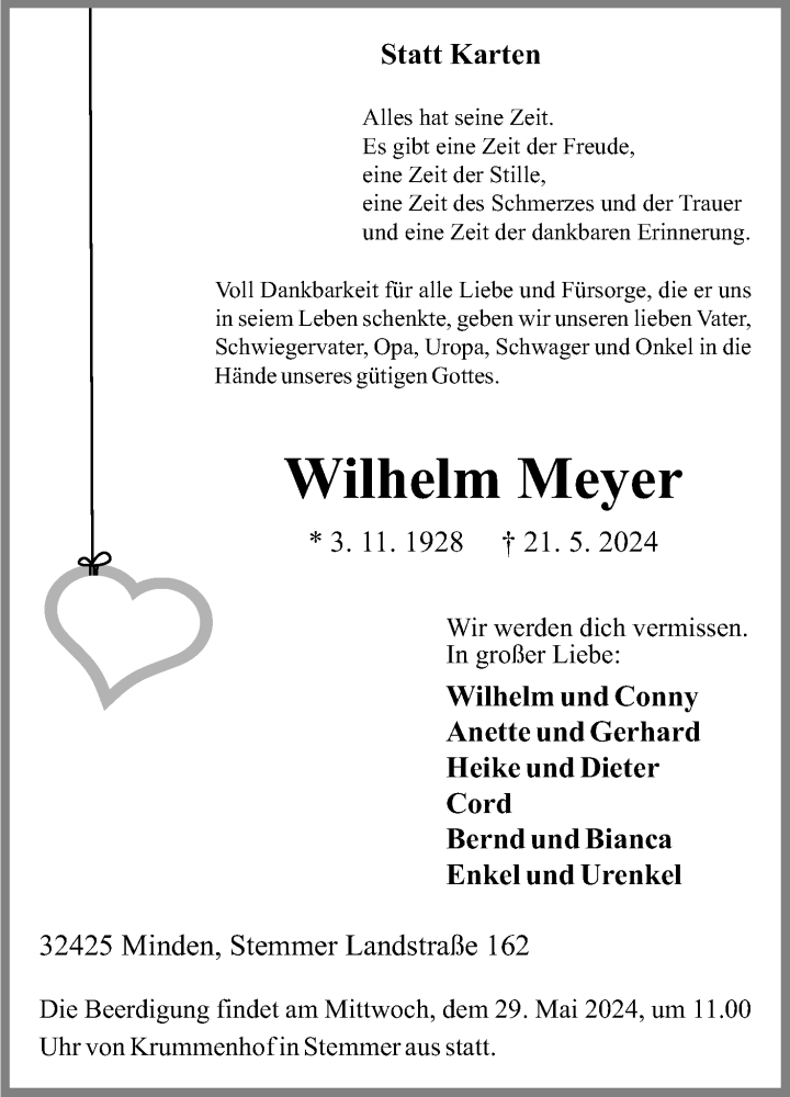 Traueranzeige für Wilhelm Meyer vom 25.05.2024 aus 4401