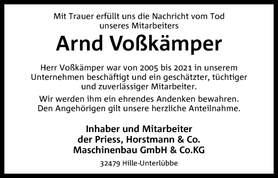 Anzeige von Arnd Voßkämper von 4401