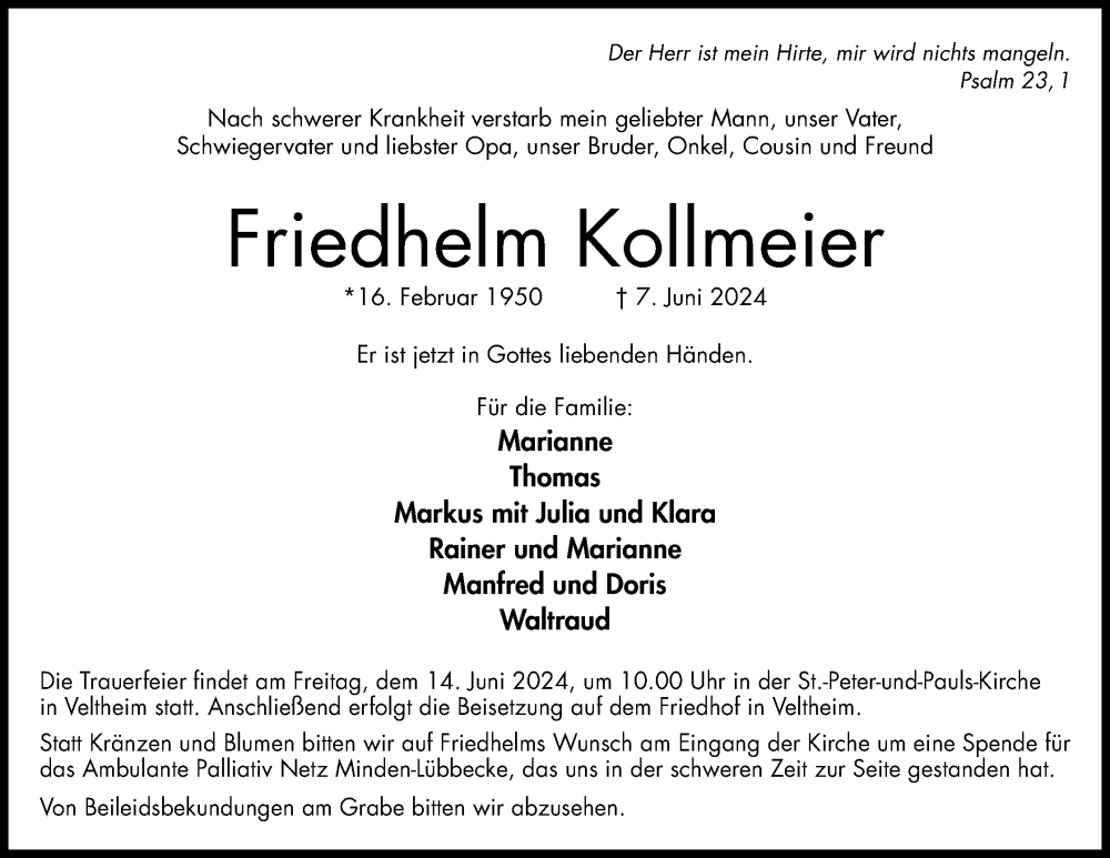  Traueranzeige für Friedhelm Kollmeier vom 11.06.2024 aus 4401